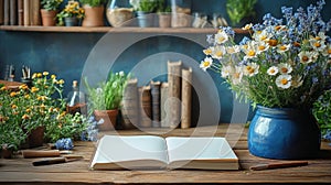 A Cozy Minimalist Workspace with Open Notebook Surrounded by Fresh Flowers and Potted Plants photo