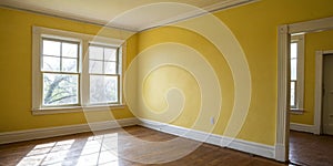 Empty corner yellow room with light from window