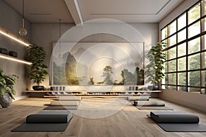 A serene yoga studio with a 3D wall portraying a peaceful nature scene,