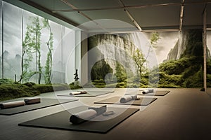 A serene yoga studio with a 3D wall portraying a peaceful nature scene,