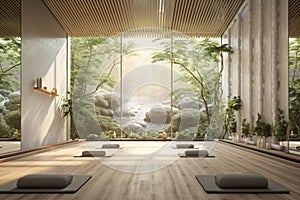 A serene yoga studio with a 3D wall portraying a peaceful nature scene,