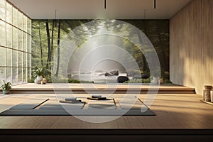 A serene yoga studio with a 3D wall portraying a peaceful nature scene,