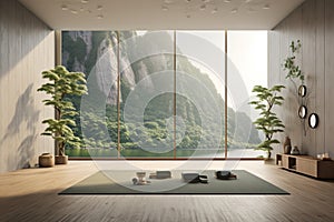 A serene yoga studio with a 3D wall portraying a peaceful nature scene,