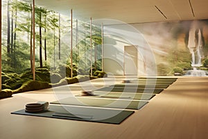 A serene yoga studio with a 3D wall portraying a peaceful nature scene