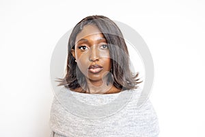 Serene Young Black Woman in Soft Gray Sweater