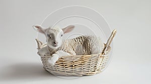 A serene young lamb lies comfortably in a wicker basket, symbolizing the freshness of spring and innocence.
