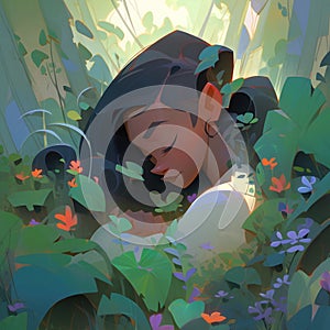 A serene young woman with closed eyes is lying down peacefully amidst a vibrant array of green plants and scattered red flowers