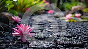 Serene Zen Garden with Black Stones and Pink Waterlily