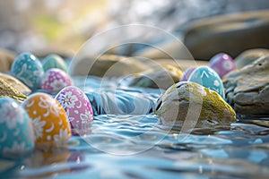 A serene Zen garden scene with Easter eggs painted in calm, soothing colors flowing water