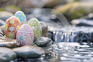 A serene Zen garden scene with Easter eggs painted in calm, soothing colors flowing water