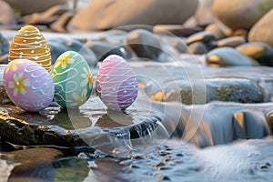 A serene Zen garden scene with Easter eggs painted in calm, soothing colors flowing water