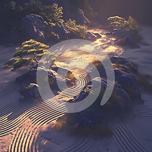 Serene Zen Garden at Sunset