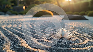 Serene Zen Garden at Sunset with Lotus Flower