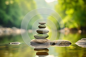 Serene zen meditation garden with carefully balanced stones for finding inner balance and peace