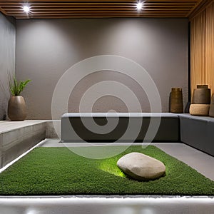 A serene Zen meditation space with a rock garden, bamboo water fountain, and floor cushions3
