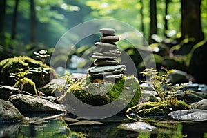 Serene Zen oasis, spiritually uplifting, balanced stone art, tranquil nature ambiance photo