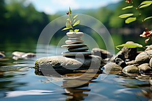 Serene Zen oasis, spiritually uplifting, balanced stone art, tranquil nature ambiance photo