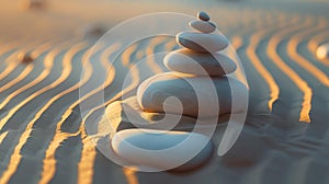 Serene zen stones balanced on rippled sand at sunset. meditation and balance concept, simple natural background. AI
