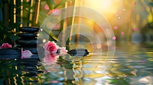 Serene Zen Stones with Sunset Reflection in Water