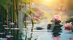 Serene Zen Stones with Sunset Reflection in Water