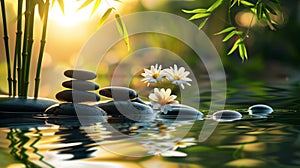 Serene Zen Stones with Sunset Reflection in Water