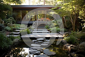 Serene, Zeninspired Backyard With Tranquil Water Feature. Generative AI photo