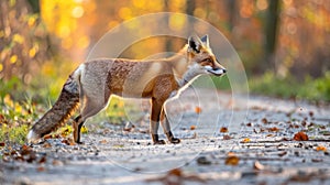 Serenely scenic path through cevennes forest with elegant red fox in the soft morning sunlight