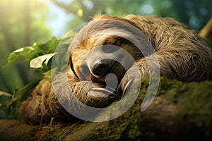 Serenic Sleeping sloth on branch. Generate Ai