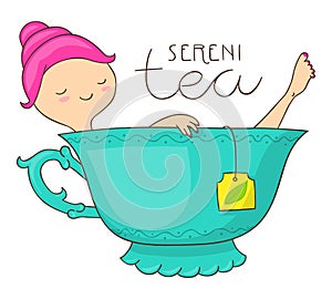 SereniTEA funny quote with girl in a teacup tub.