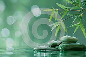 Serenity with bamboo leaves and arranged zen stones on a mirrored surface