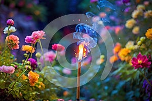 Serenity in Bloom: Lone Incense Stick Burning Amidst Vivid Garden Flowers.