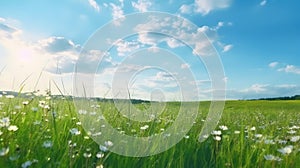 Serenity in Bloom: A Panoramic Landscape of a Field with Grass and Flowers Against a Blue Sky