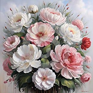 Serenity in Bloom: Realistic Oil Painting of a Vibrant Floral Arrangement photo