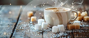 Serenity Brew: Warm Coffee and Sugar Cubes. Concept Coffee Tasting, Cafe Ambience, Sweet Treats,