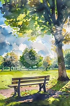 Serenity in the City: A Vibrant Sketch of a Park Bench Beneath a