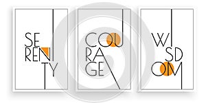 Serenity, Courage, Wisdom, vector. Scandinavian art design. Three pieces minimalist poster design. Wall art work, wall decoration