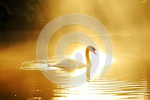 Serenity at Daybreak. Graceful Swan Gliding on an Enchanting Lake.