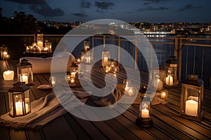 serenity deck with chaise lounges, candles, and lanterns for a romantic evening