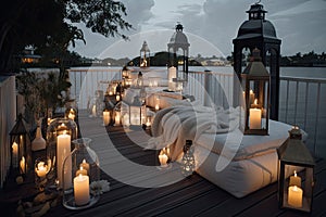 serenity deck with chaise lounges, candles, and lanterns for a romantic evening