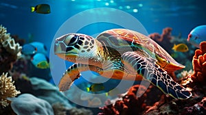 Serenity in the Depths: Graceful Sea Turtles Amidst Vibrant Coral Reefs