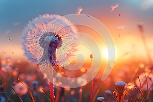 Serenity at Dusk: Dandelion amidst Sunset\'s Glow. Concept Floral Beauty, Golden Hour Photography,