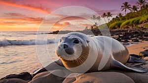 Serenity at Dusk: A Hawaiian Monk Seal\'s Relaxing Adventure photo