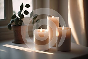 Serenity encapsulated in a photo, three lit candles bask in the soft glow of natural light photo