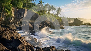 Serenity And Energy: Captivating Coastal Beauty With Rocky Shores And Coconut Trees