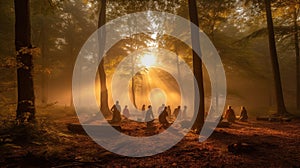 Serenity in the Forest: Yoga at Sunset. Generative AI