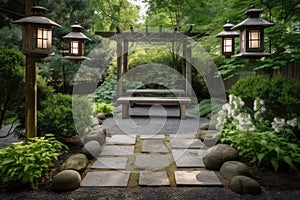 serenity garden with zen bench and lanterns for a peaceful escape