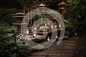 serenity garden with zen bench and lanterns for a peaceful escape