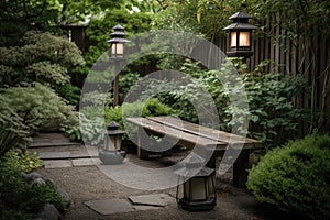 serenity garden with zen bench and lanterns for a peaceful escape