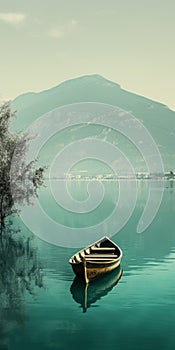 Serenity And Harmony: A Dark Beige And Turquoise Boat On A Lake