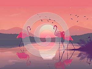 Serenity in the hues of sunset with flamingo silhouettes gracing the view